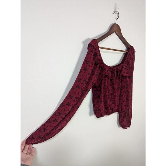 ✨Trixxi Peasant Blouse Chiffon Maroon Black Floral Long Sleeve Crop Top - Picture 2 of 6